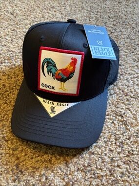 Black Eagle Black Trucker Hat with Colorful Rooster Patch